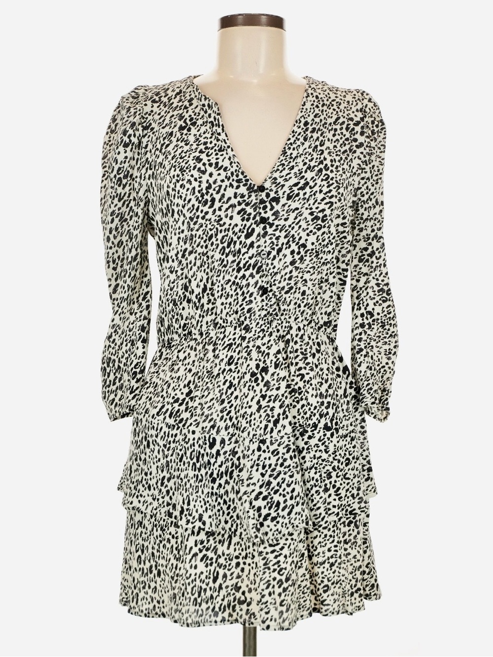 ZARA Black & Ivory Leopard Print Midi Tiered Dress Size Medium